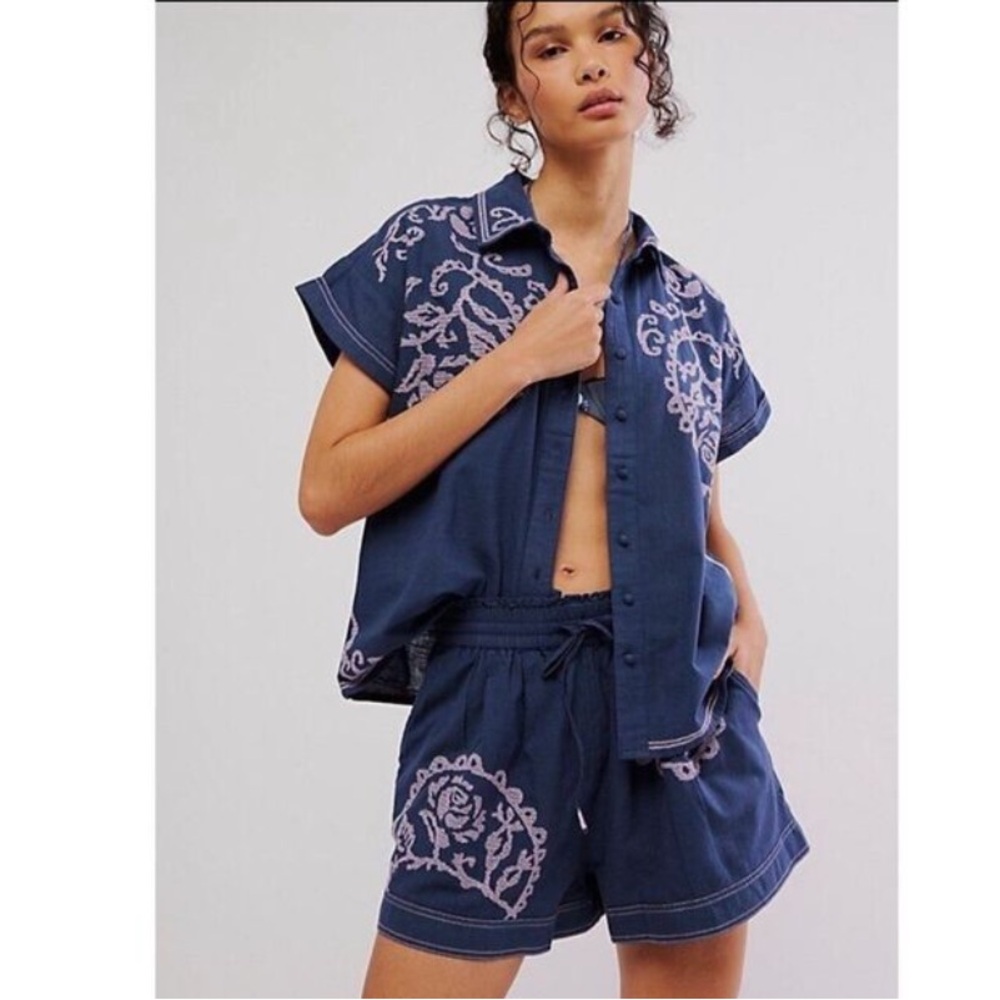 Free People Summer Love Embroidered Blue Shorts & Top Set